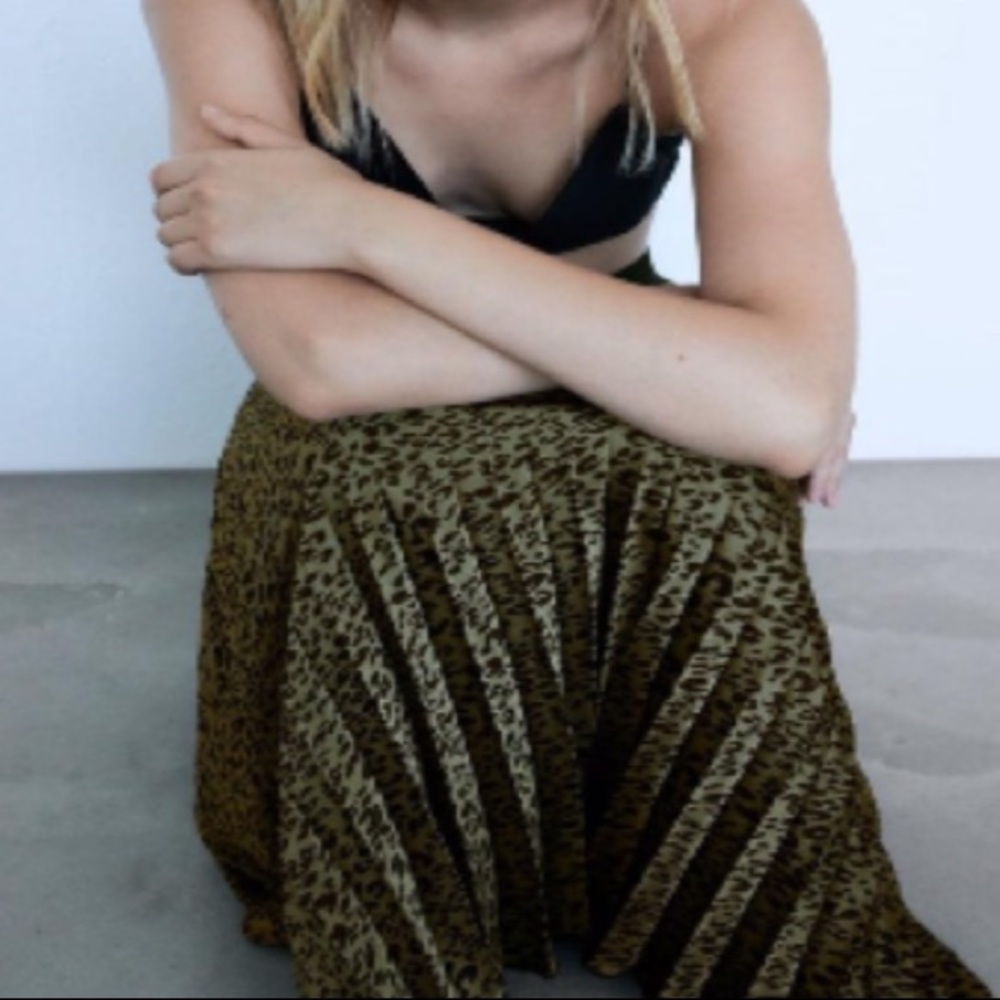 Printed Pleated Khaki Skirt Zara